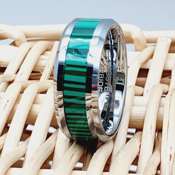 "Silver Tungsten Wedding Ring for Green Faux Inlay, GALTUN1006 - Picture 1 of 5